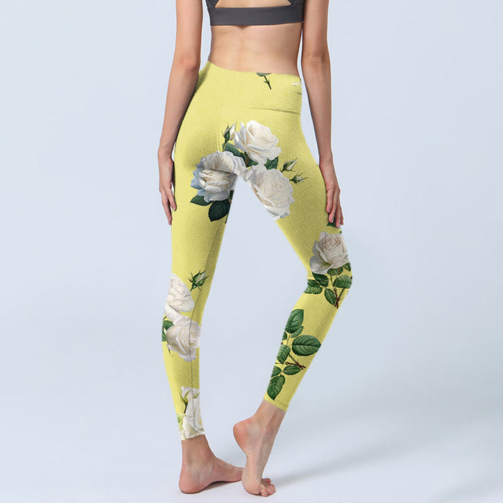 Leggings deportivos con estampado de rosas blancas y amarillas y Buddha Stones para mujer - image 4