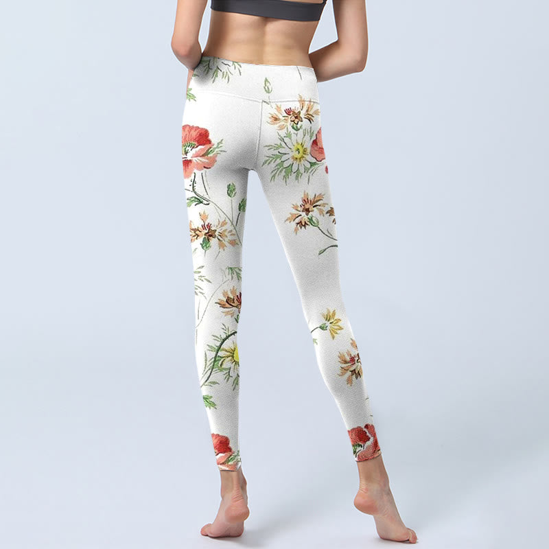 Leggings deportivos con estampado de flores rojas y margaritas blancas y Buddha Stones para mujer - image 6