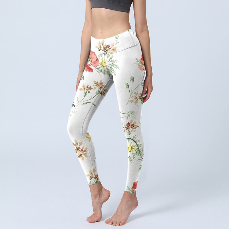 Leggings deportivos con estampado de flores rojas y margaritas blancas y Buddha Stones para mujer - Marfil - US18，UK/AU22，EU50 (4XL) - image 0