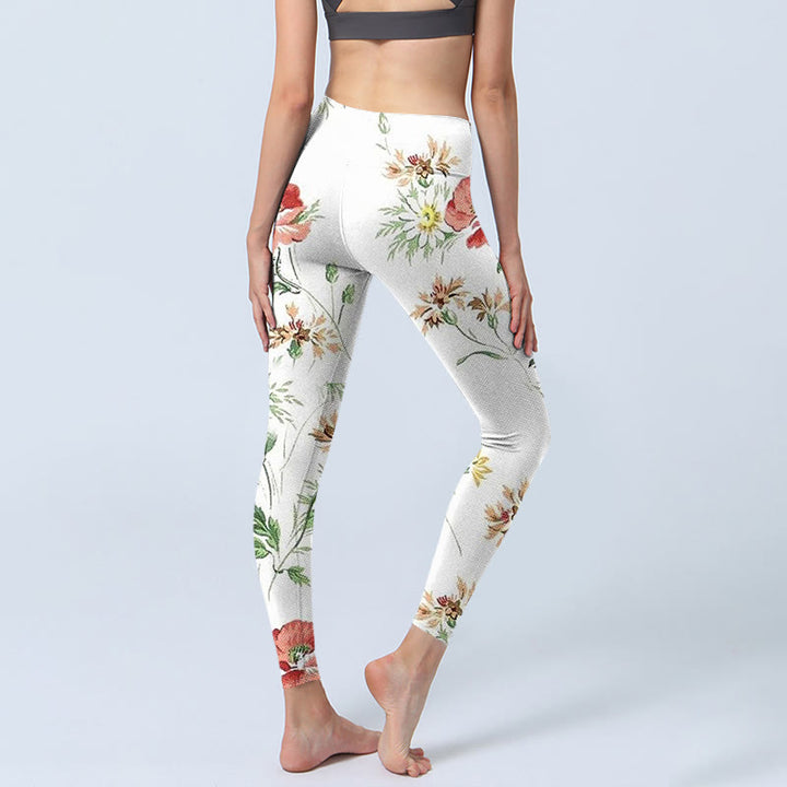 Leggings deportivos con estampado de flores rojas y margaritas blancas y Buddha Stones para mujer - image 5