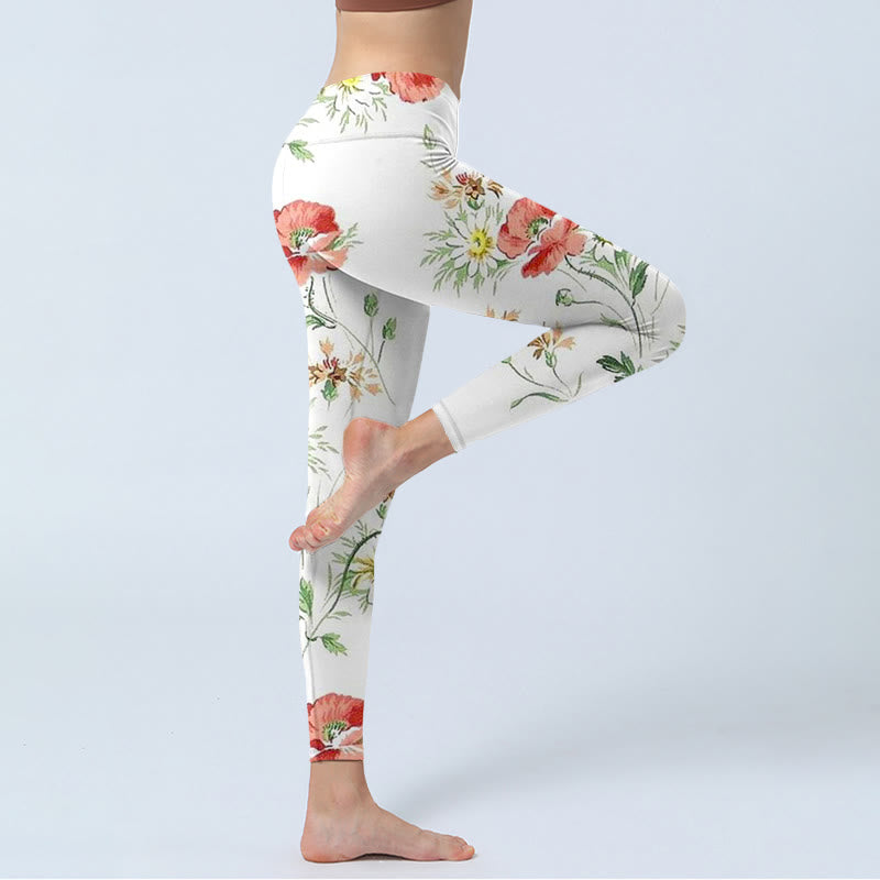 Leggings deportivos con estampado de flores rojas y margaritas blancas y Buddha Stones para mujer - image 3