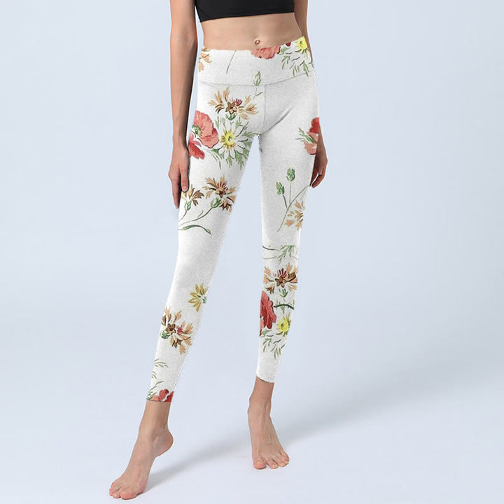 Leggings deportivos con estampado de flores rojas y margaritas blancas y Buddha Stones para mujer - image 5