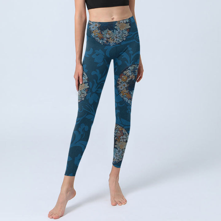 Leggings deportivos con estampado de flores en azul oscuro y Buddha Stones para mujer - image 5
