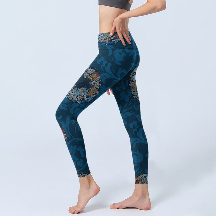 Leggings deportivos con estampado de flores en azul oscuro y Buddha Stones para mujer - image 2