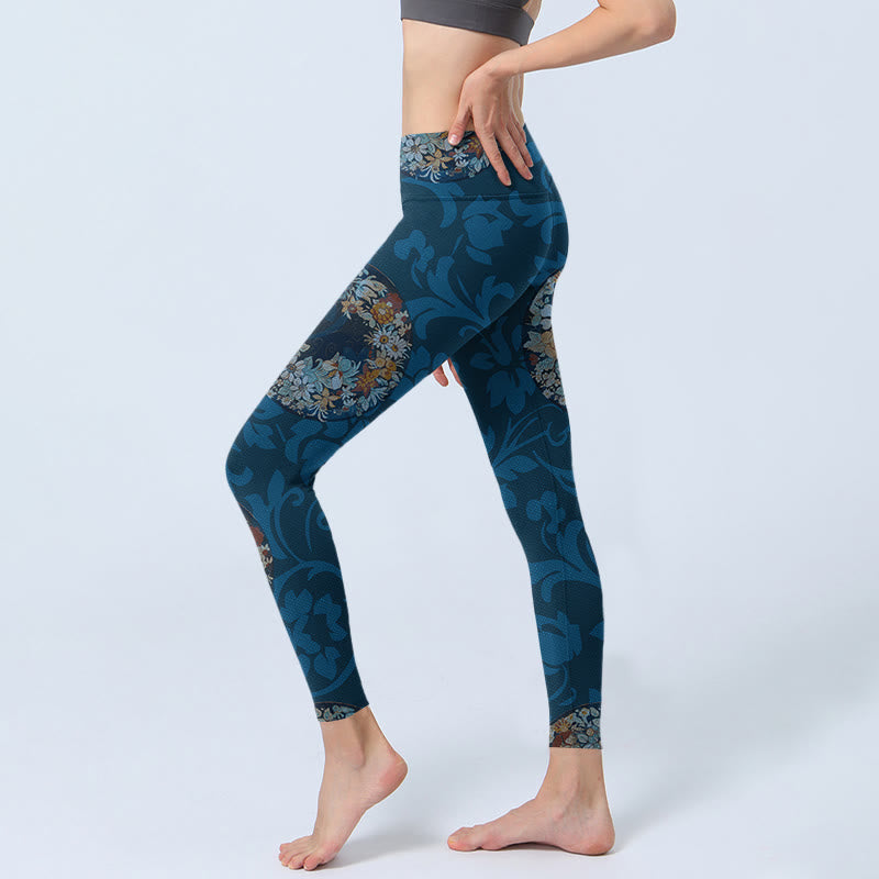 Leggings deportivos con estampado de flores en azul oscuro y Buddha Stones para mujer - image 3