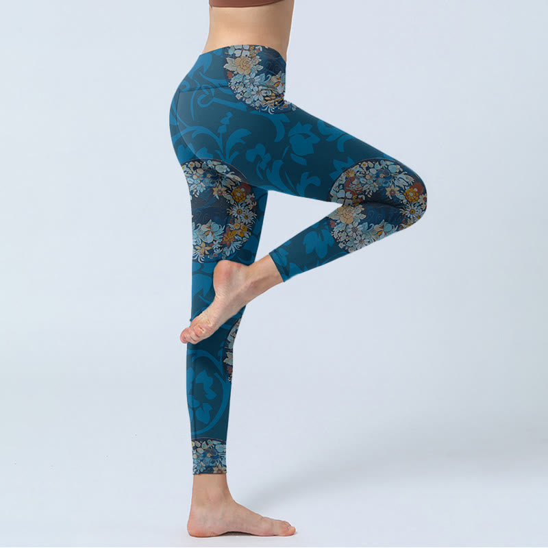 Leggings deportivos con estampado de flores en azul oscuro y Buddha Stones para mujer - image 4