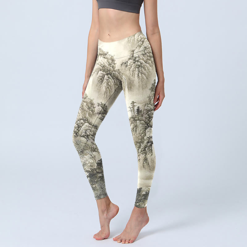 Leggings deportivos con estampado de paisaje de río, árbol, montaña y piedras de Buddha Stones , pantalones de yoga para mujer - Beige - US18，UK/AU22，EU50 (4XL) - image 0