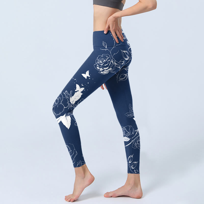 Leggings deportivos con estampado de mariposas y rosas azules y Buddha Stones para mujer - image 3