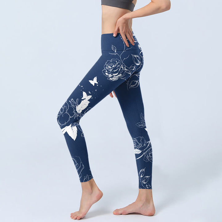 Leggings deportivos con estampado de mariposas y rosas azules y Buddha Stones para mujer - image 3