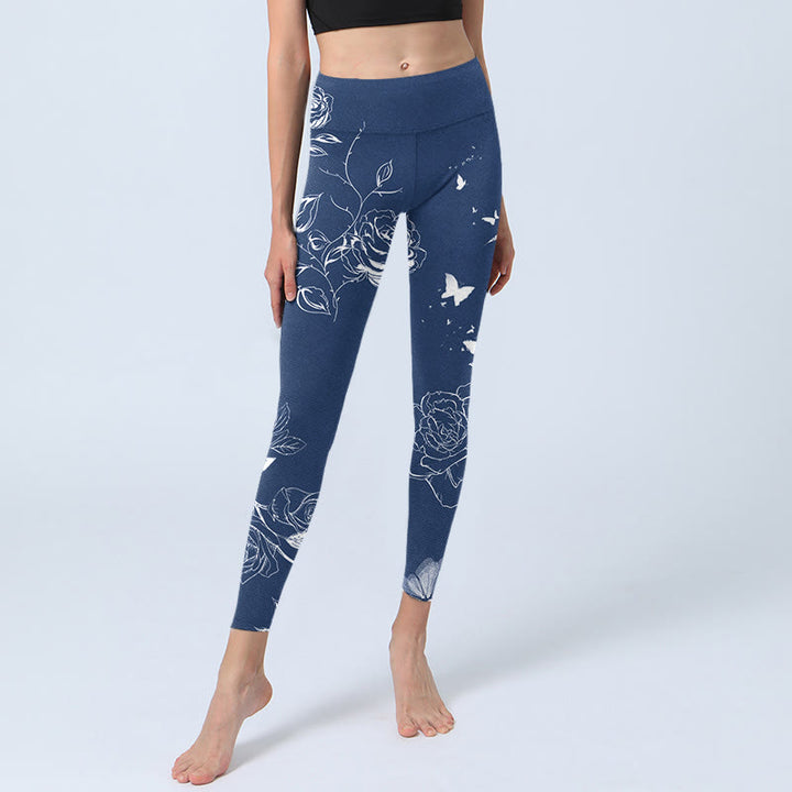 Leggings deportivos con estampado de mariposas y rosas azules y Buddha Stones para mujer - image 6