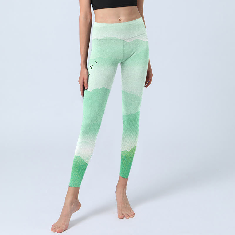 Leggings deportivos con estampado de ganso salvaje y montañas de crema menta y Buddha Stones, pantalones de yoga para mujer - image 5