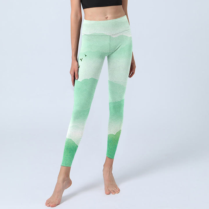 Leggings deportivos con estampado de ganso salvaje y montañas de crema menta y Buddha Stones, pantalones de yoga para mujer - image 5