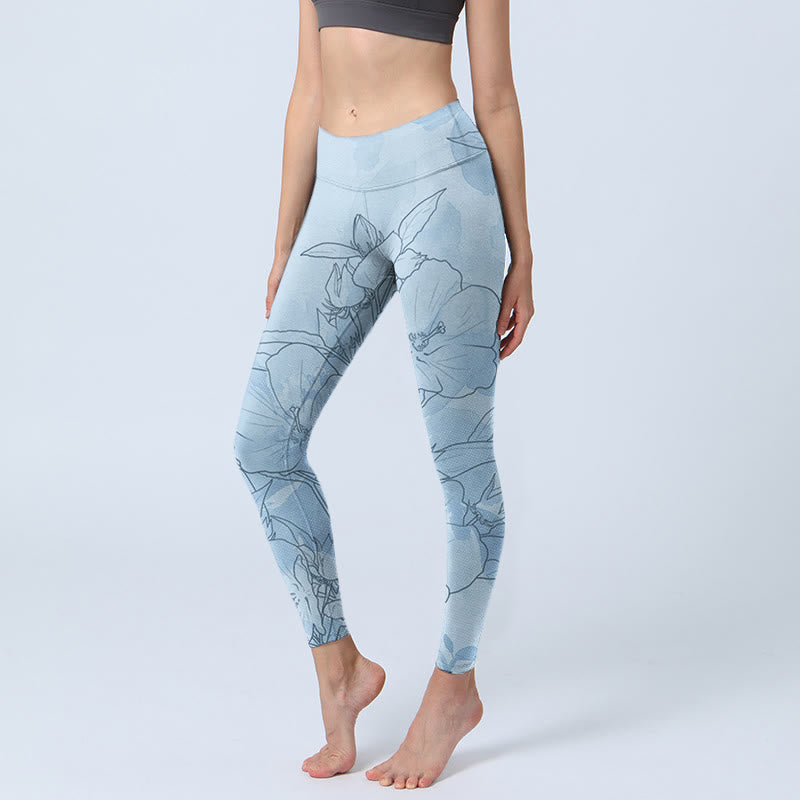 Leggings deportivos con estampado de flores azules y Buddha Stones para mujer - Azul claro - US18，UK/AU22，EU50 (4XL) - image 1