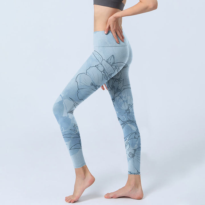 Leggings deportivos con estampado de flores azules y Buddha Stones para mujer - image 3