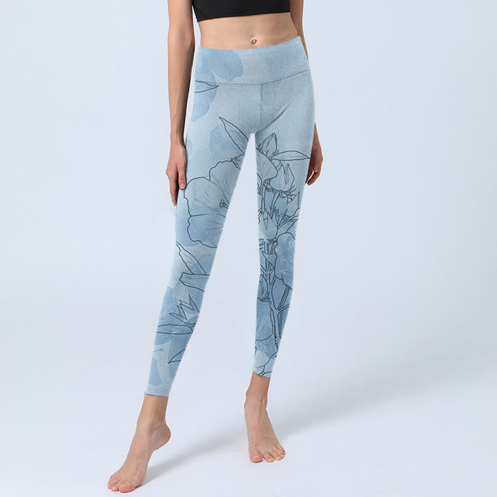 Leggings deportivos con estampado de flores azules y Buddha Stones para mujer - image 6