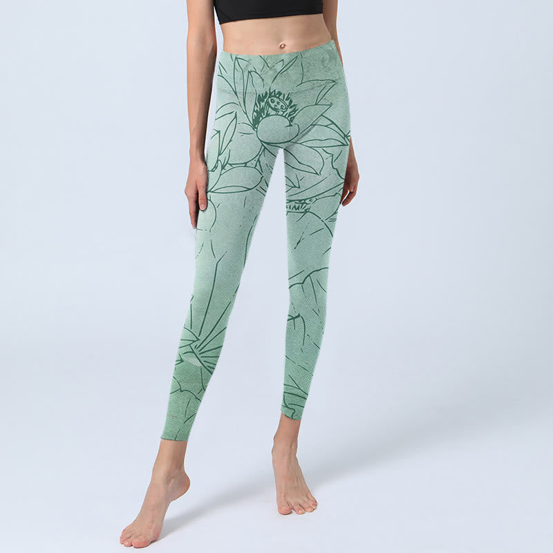 Leggings deportivos con estampado de flores de loto verde y Buddha Stones para mujer - image 6