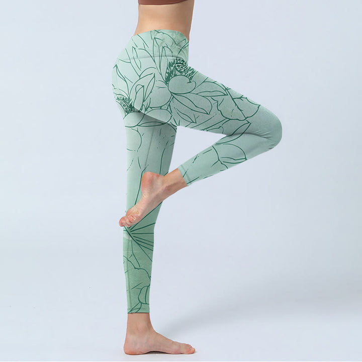 Leggings deportivos con estampado de flores de loto verde y Buddha Stones para mujer - image 4