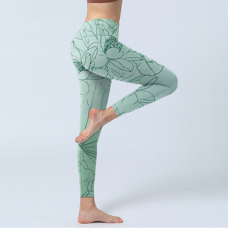 Leggings deportivos con estampado de flores de loto verde y Buddha Stones para mujer - image 3