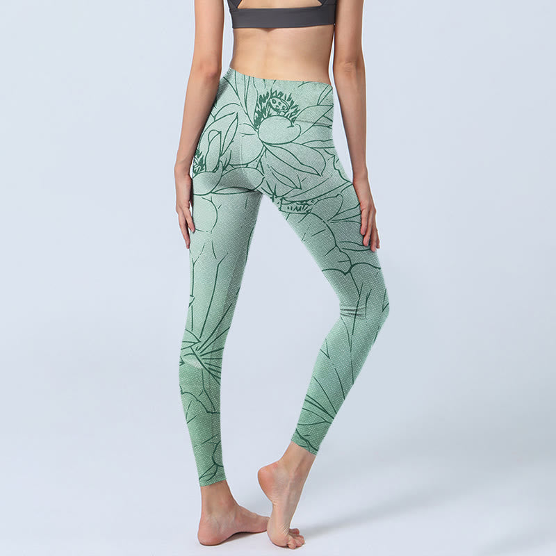 Leggings deportivos con estampado de flores de loto verde y Buddha Stones para mujer - image 5
