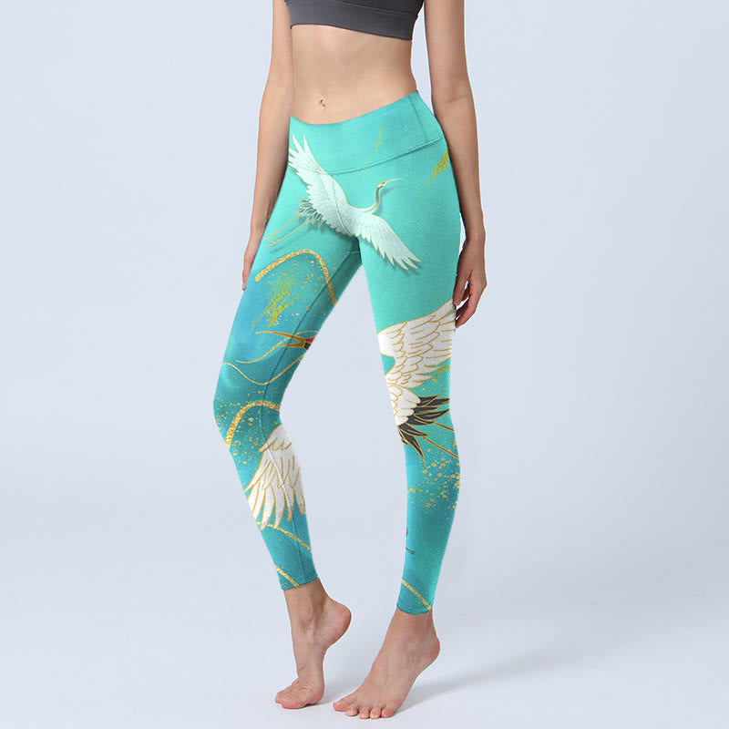 Leggings de fitness con estampado de grullas de montaña y Buddha Stones en color verde menta para mujer - Turquesa medio - US18，UK/AU22，EU50 (4XL) - image 1