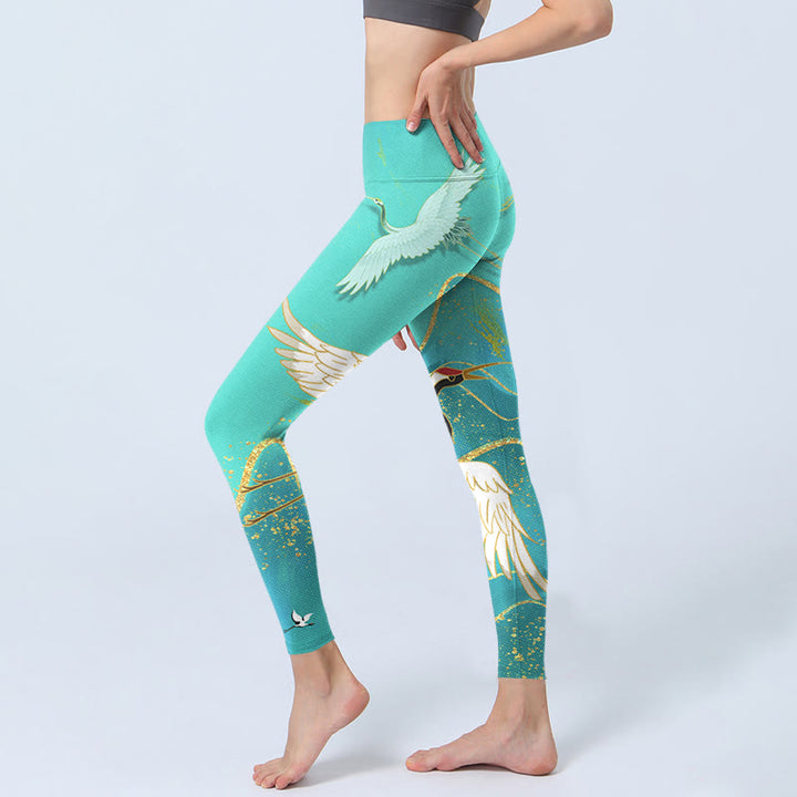 Leggings de fitness con estampado de grullas de montaña y Buddha Stones en color verde menta para mujer - image 4