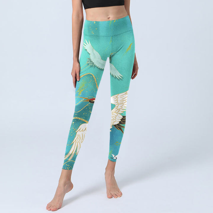 Leggings de fitness con estampado de grullas de montaña y Buddha Stones en color verde menta para mujer - image 6