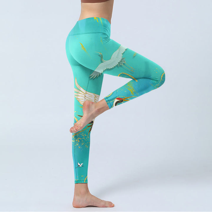 Leggings de fitness con estampado de grullas de montaña y Buddha Stones en color verde menta para mujer - image 4