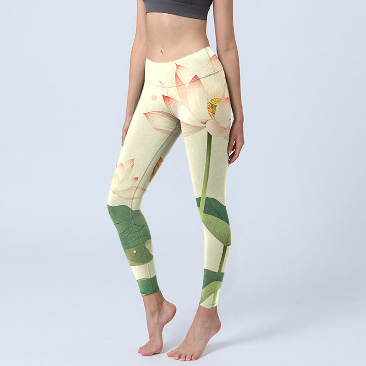 Leggings de fitness con estampado de libélula, hojas, flores de loto y piedras de Buddha Stones para mujer - Blanco antiguo - US18，UK/AU22，EU50 (4XL) - image 0