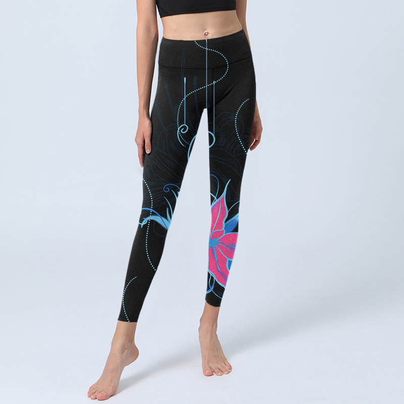 Leggings de fitness con estampado de flores en azul, rosa y negro con Buddha Stones para mujer - image 7