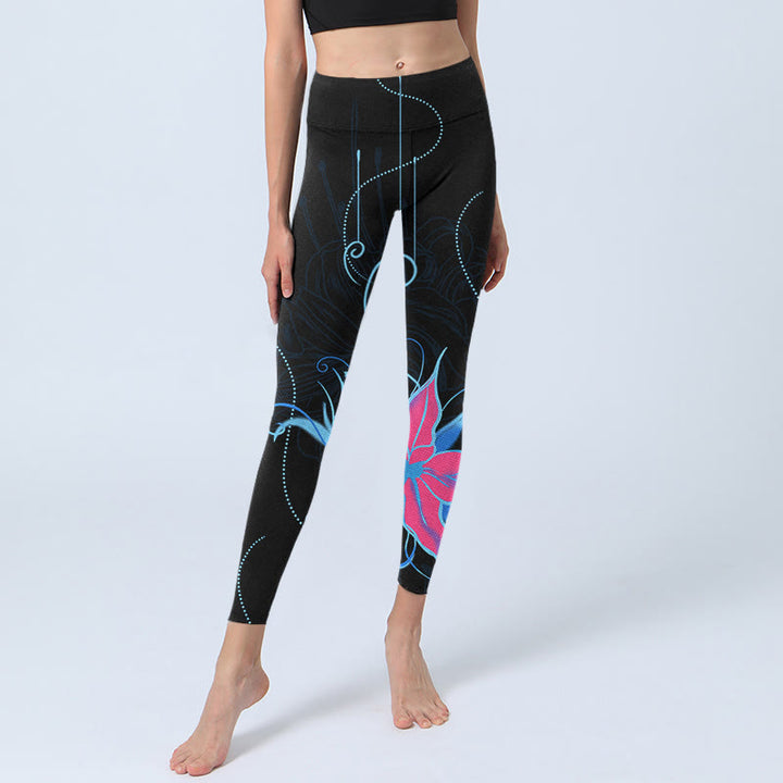 Leggings de fitness con estampado de flores en azul, rosa y negro con Buddha Stones para mujer - image 7