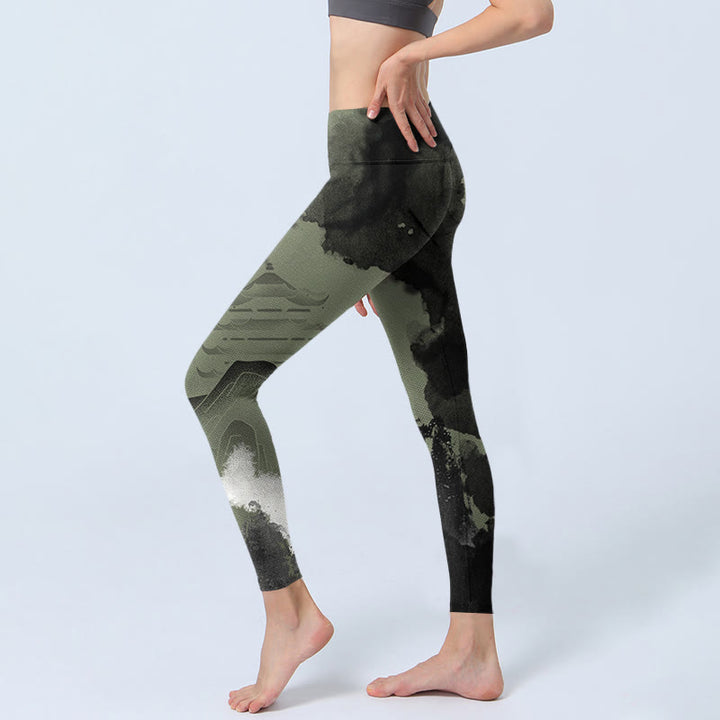 Pantalones de yoga para mujer con estampado de montaña, pintura en tinta y Buddha Stones - image 3