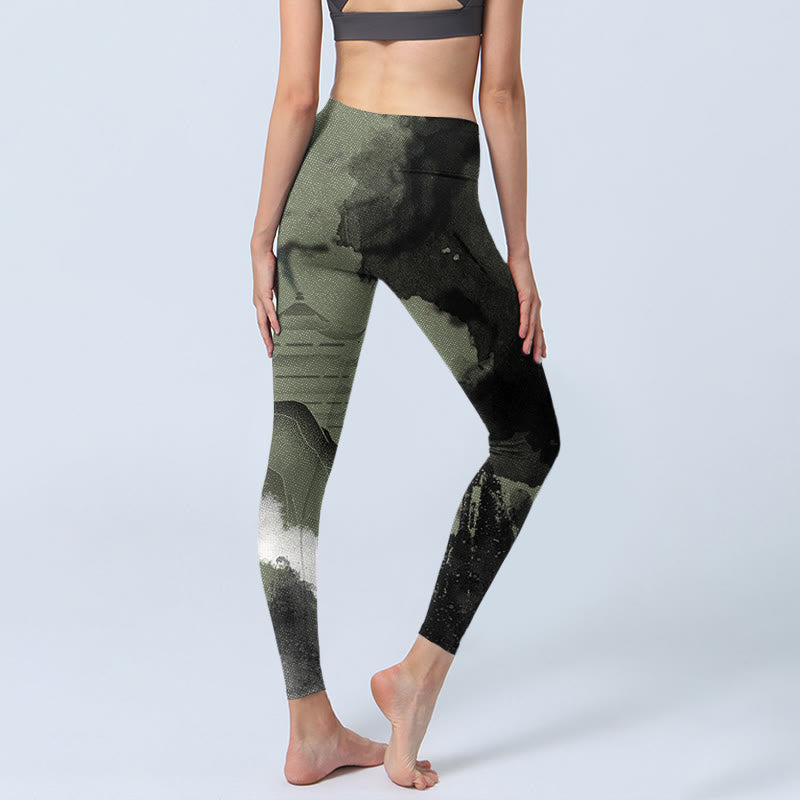 Pantalones de yoga para mujer con estampado de montaña, pintura en tinta y Buddha Stones - image 5