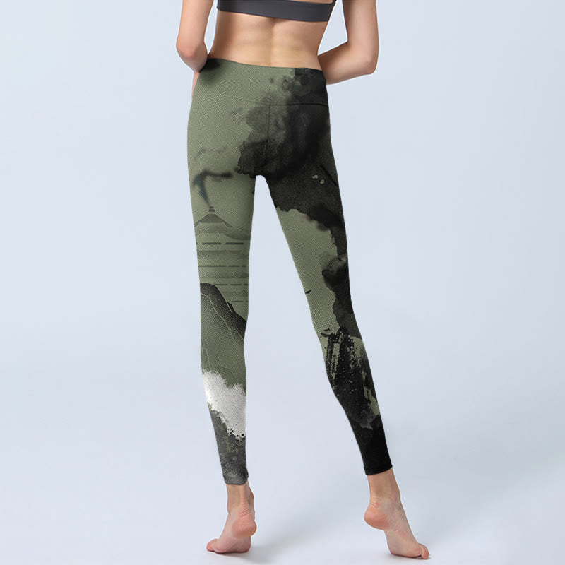 Pantalones de yoga para mujer con estampado de montaña, pintura en tinta y Buddha Stones - image 7