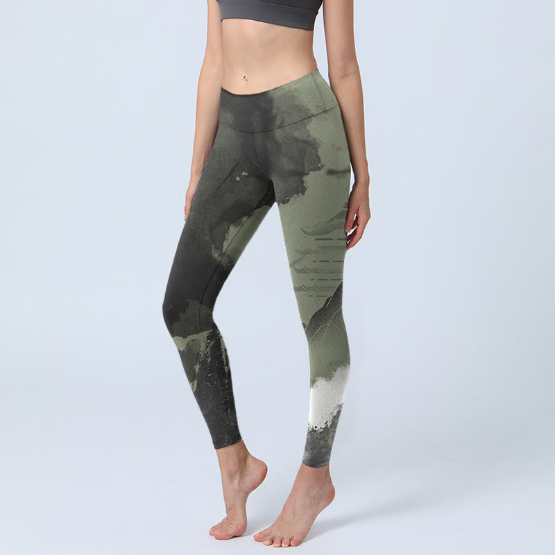 Pantalones de yoga para mujer con estampado de montaña, pintura en tinta y Buddha Stones - Gris - US18，UK/AU22，EU50 (4XL) - image 0