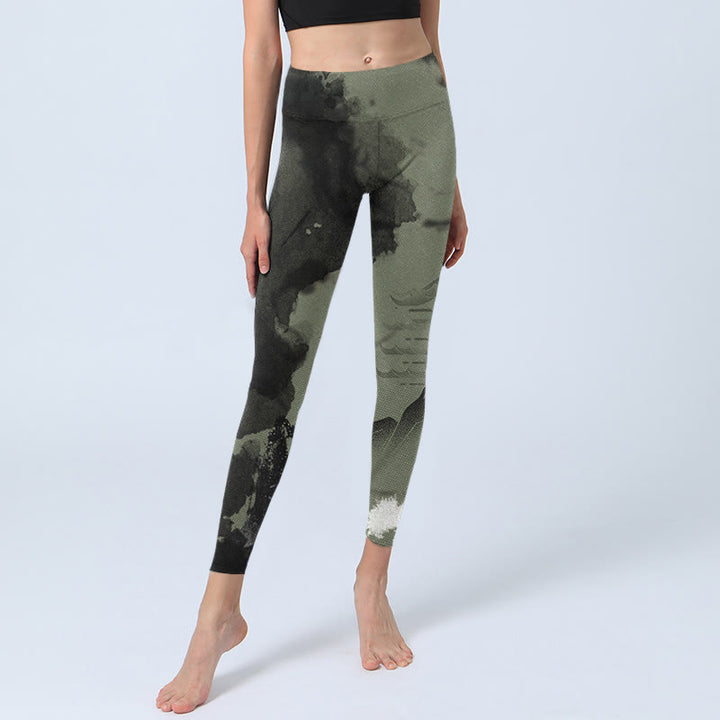 Pantalones de yoga para mujer con estampado de montaña, pintura en tinta y Buddha Stones - image 6