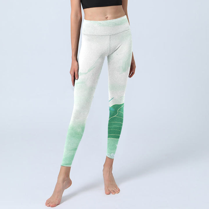 Leggings de ejercicio con estampado de libélula y hojas de loto verde menta y Buddha Stones para mujer - image 6