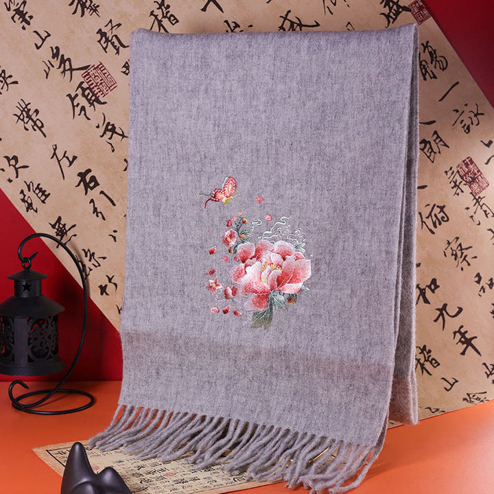 Chal de lana con Buddha Stones , bordado de mariposas y peonías rosas, bufanda de viaje acogedora para el invierno