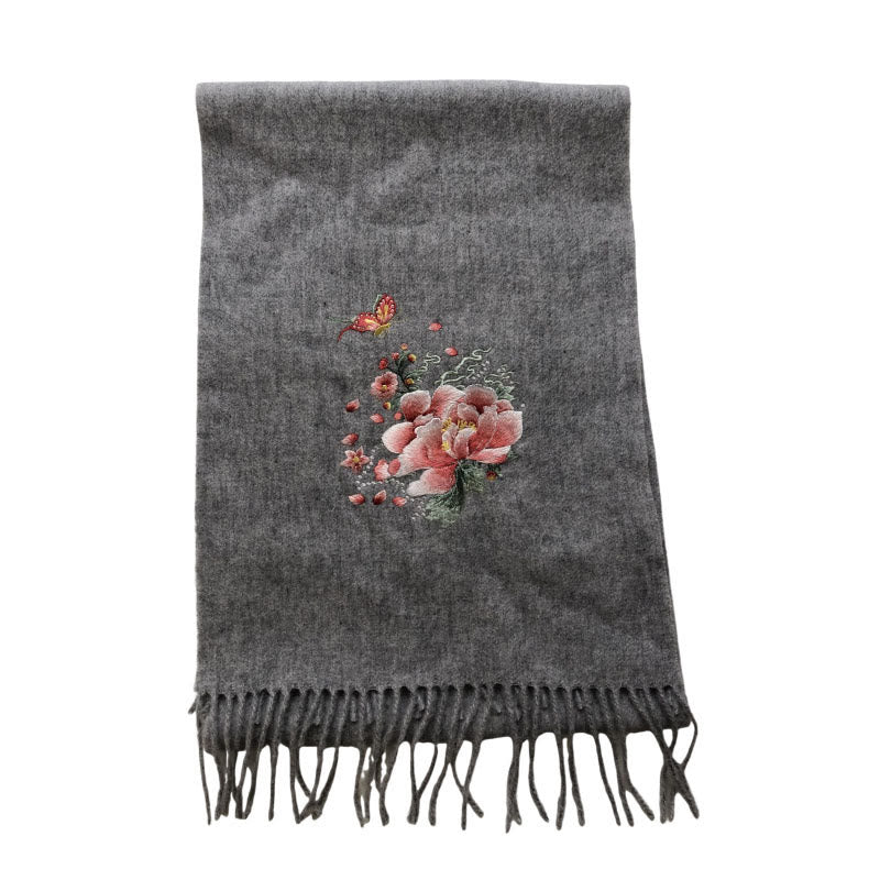Chal de lana con Buddha Stones , bordado de mariposas y peonías rosas, bufanda de viaje acogedora para el invierno