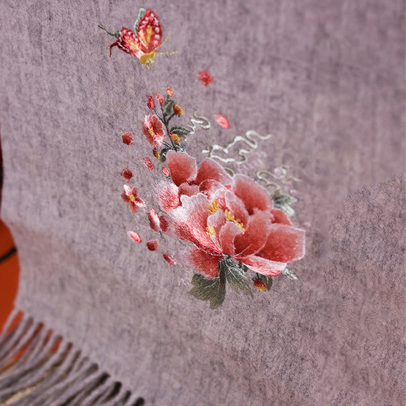 Chal de lana con Buddha Stones , bordado de mariposas y peonías rosas, bufanda de viaje acogedora para el invierno - image 1