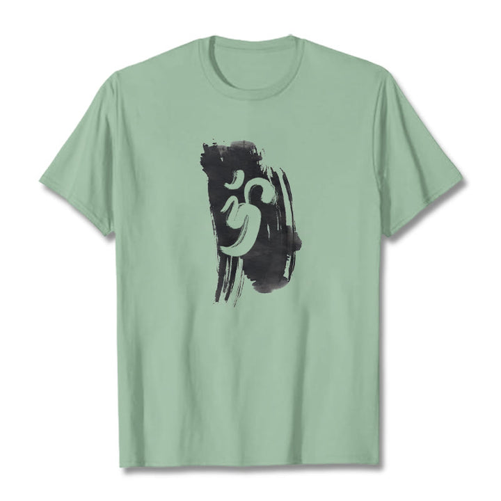 Camiseta de algodón con fondo de tinta OM y Buddha Stones - Verde pálido - 2XL - image 17