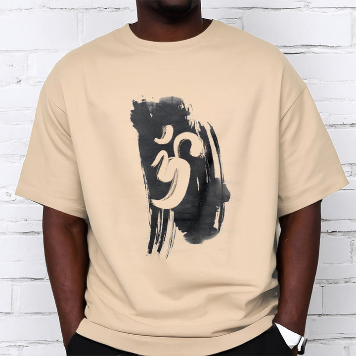Camiseta de algodón con fondo de tinta OM y Buddha Stones - image 12