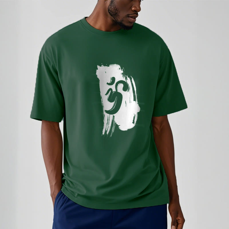 Camiseta de algodón con fondo de tinta OM y Buddha Stones - image 9