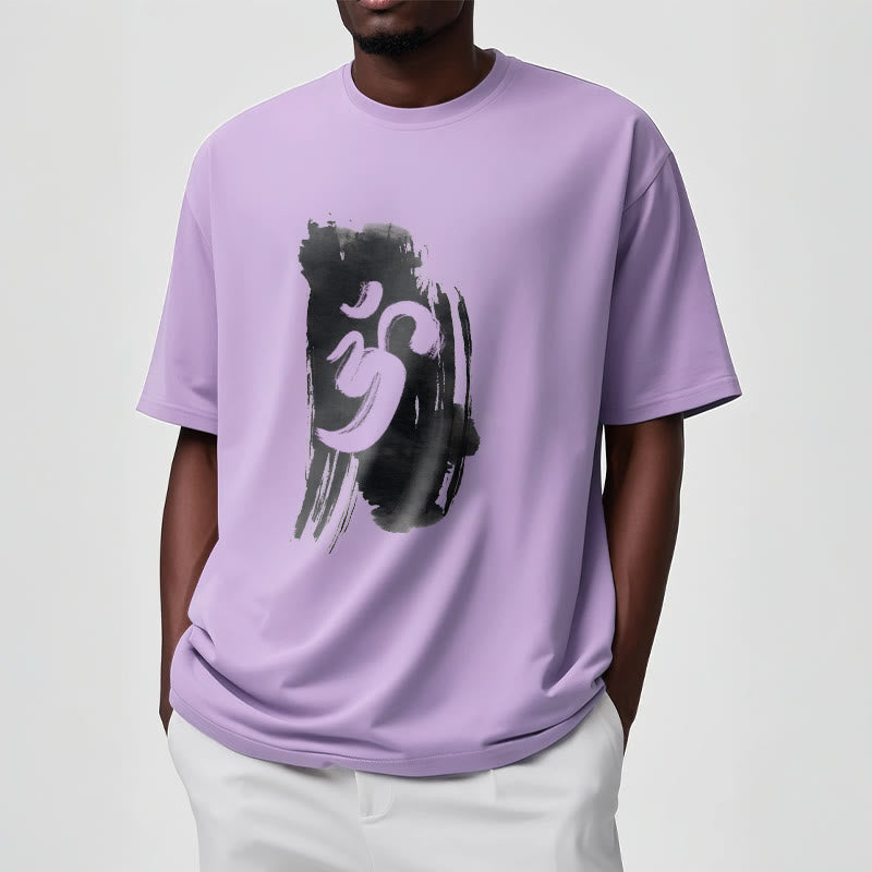 Camiseta de algodón con fondo de tinta OM y Buddha Stones - image 15