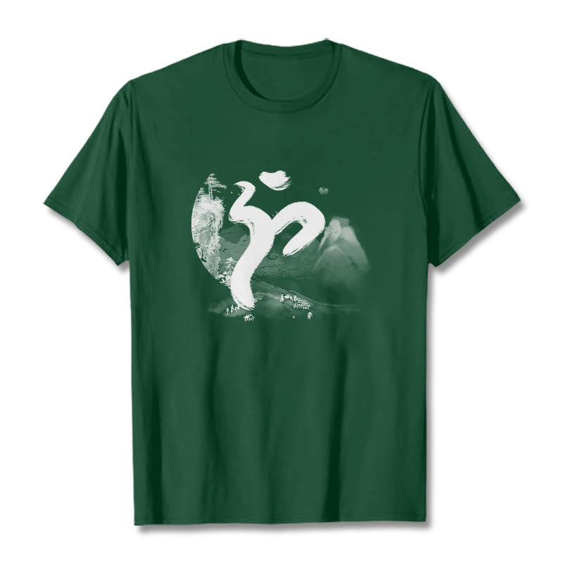 Camiseta de algodón con paisaje OM y Buddha Stones - Verde bosque - 2XL - image 9