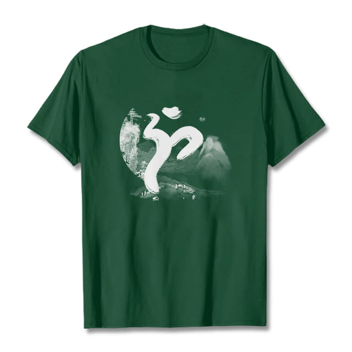 Camiseta de algodón con paisaje OM y Buddha Stones - Verde bosque - 2XL - image 9