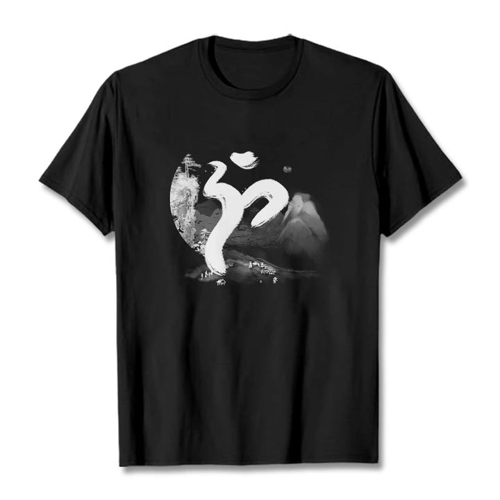 Camiseta de algodón con paisaje OM y Buddha Stones - Negro - 2XL - image 1