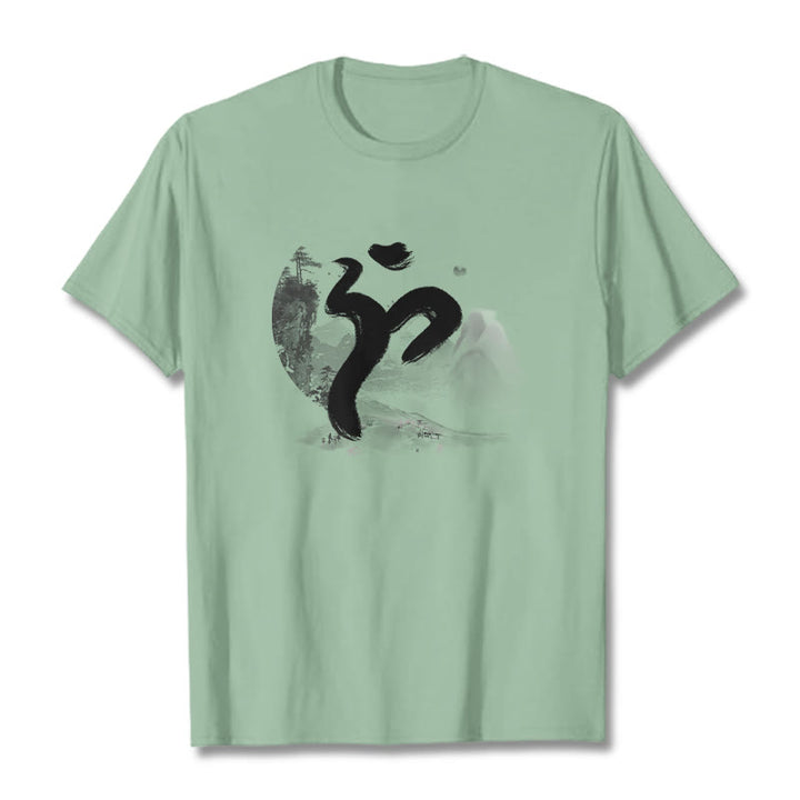 Camiseta de algodón con paisaje OM y Buddha Stones - Verde pálido - 2XL - image 18