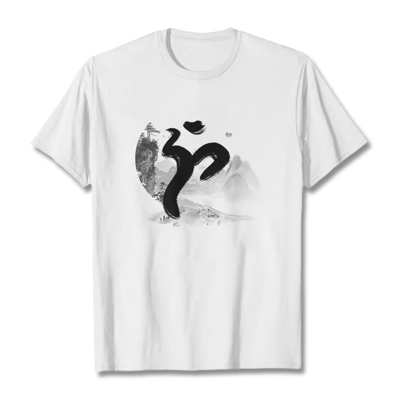 Camiseta de algodón con paisaje OM y Buddha Stones - Blanco - 2XL - image 6