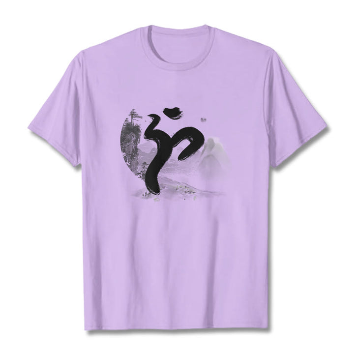 Camiseta de algodón con paisaje OM y Buddha Stones - Ciruela - 2XL - image 14