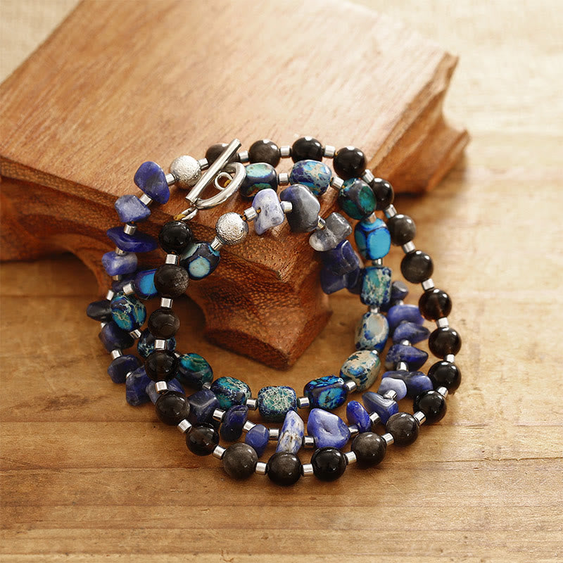 Pulsera de triple vuelta con Buddha Stones, piedra emperador, sodalita, oro y obsidiana brillante